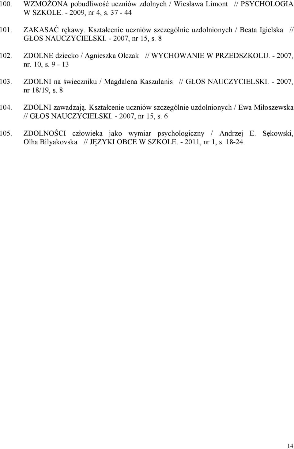 - 2007, nr. 10, s. 9-13 103. ZDOLNI na świeczniku / Magdalena Kaszulanis // GŁOS NAUCZYCIELSKI. - 2007, nr 18/19, s. 8 104. ZDOLNI zawadzają.