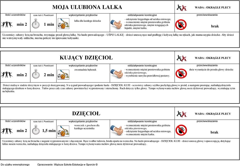 KUJĄCY DZIĘCIOŁ 2 min ewentualnie bębenek - wyrobienie nawyku prawidłowej postawy. duże wysunięcie do przodu głowy dziecka Dzieci siedzą w siadzie skrzyżnym w pozycji skorygowanej.