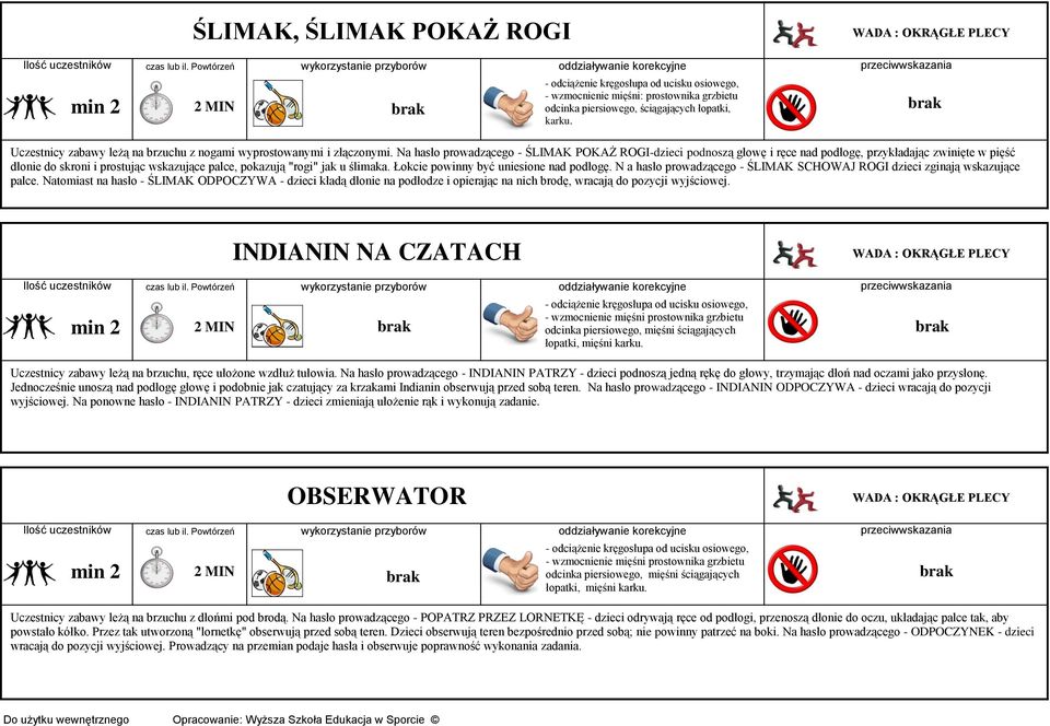 Łokcie powinny być uniesione nad podłogę. N a hasło prowadzącego - ŚLIMAK SCHOWAJ ROGI dzieci zginają wskazujące palce.