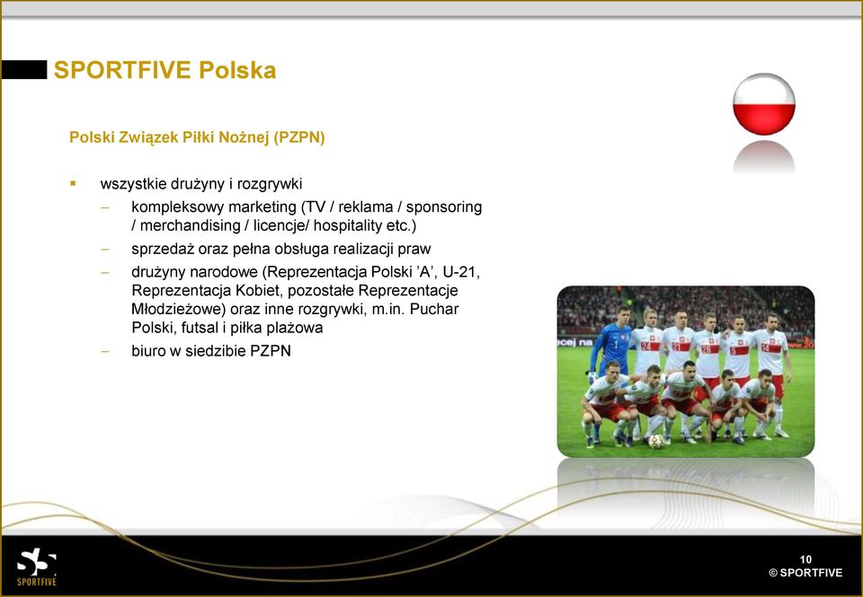 ) sprzedaż oraz pełna obsługa realizacji praw drużyny narodowe (Reprezentacja Polski A, U-21,