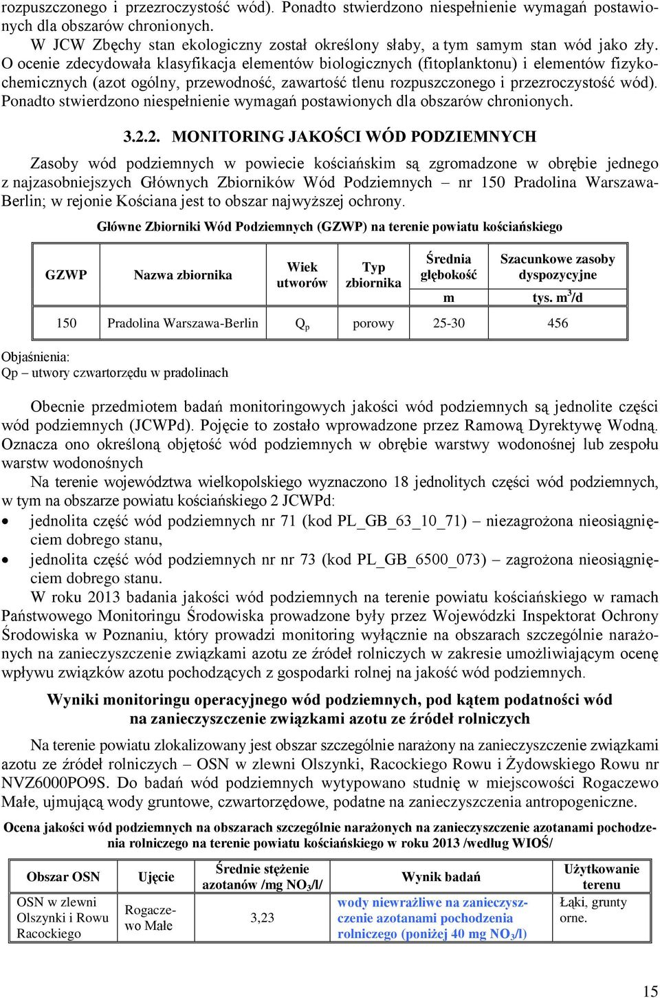 O ocenie zdecydowała klasyfikacja elementów biologicznych (fitoplanktonu) i elementów fizykochemicznych (azot ogólny, przewodność, zawartość tlenu  3.2.