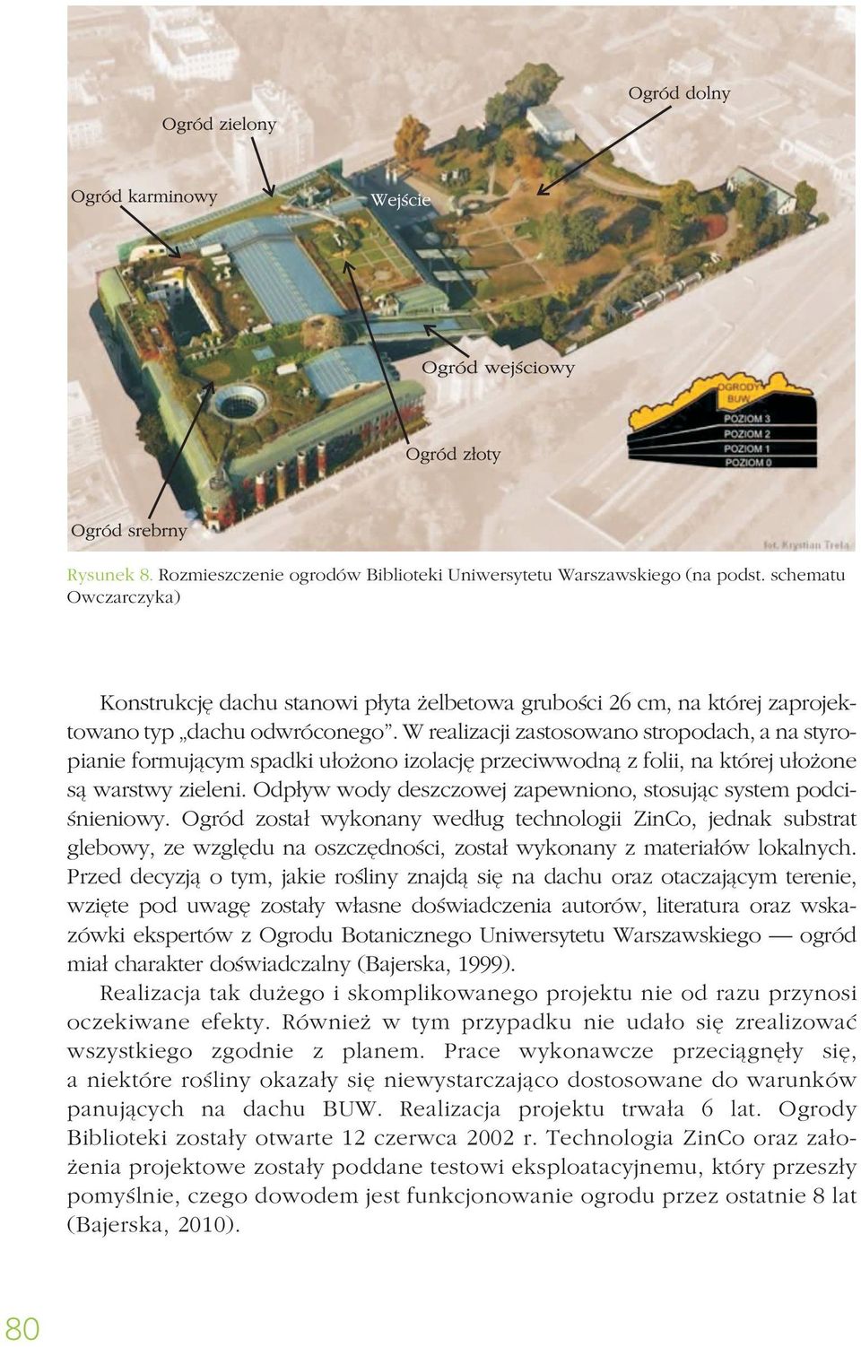 W realizacji zastosowano stropodach, a na styropianie formującym spadki ułożono izolację przeciwwodną z folii, na której ułożone są warstwy zieleni.