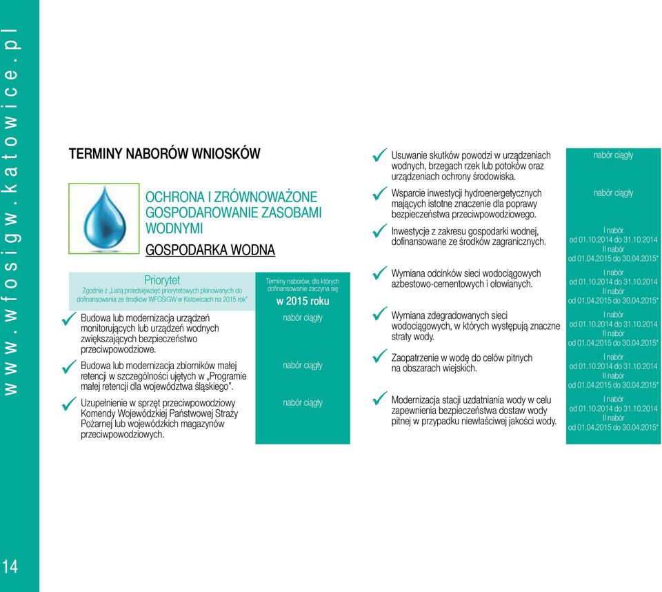 WFOŚiGW w Katowicach na 2015 rok Budowa lub modernizacja urządzeń monitorujących lub urządzeń wodnych zwiększających bezpieczeństwo przeciwpowodziowe.