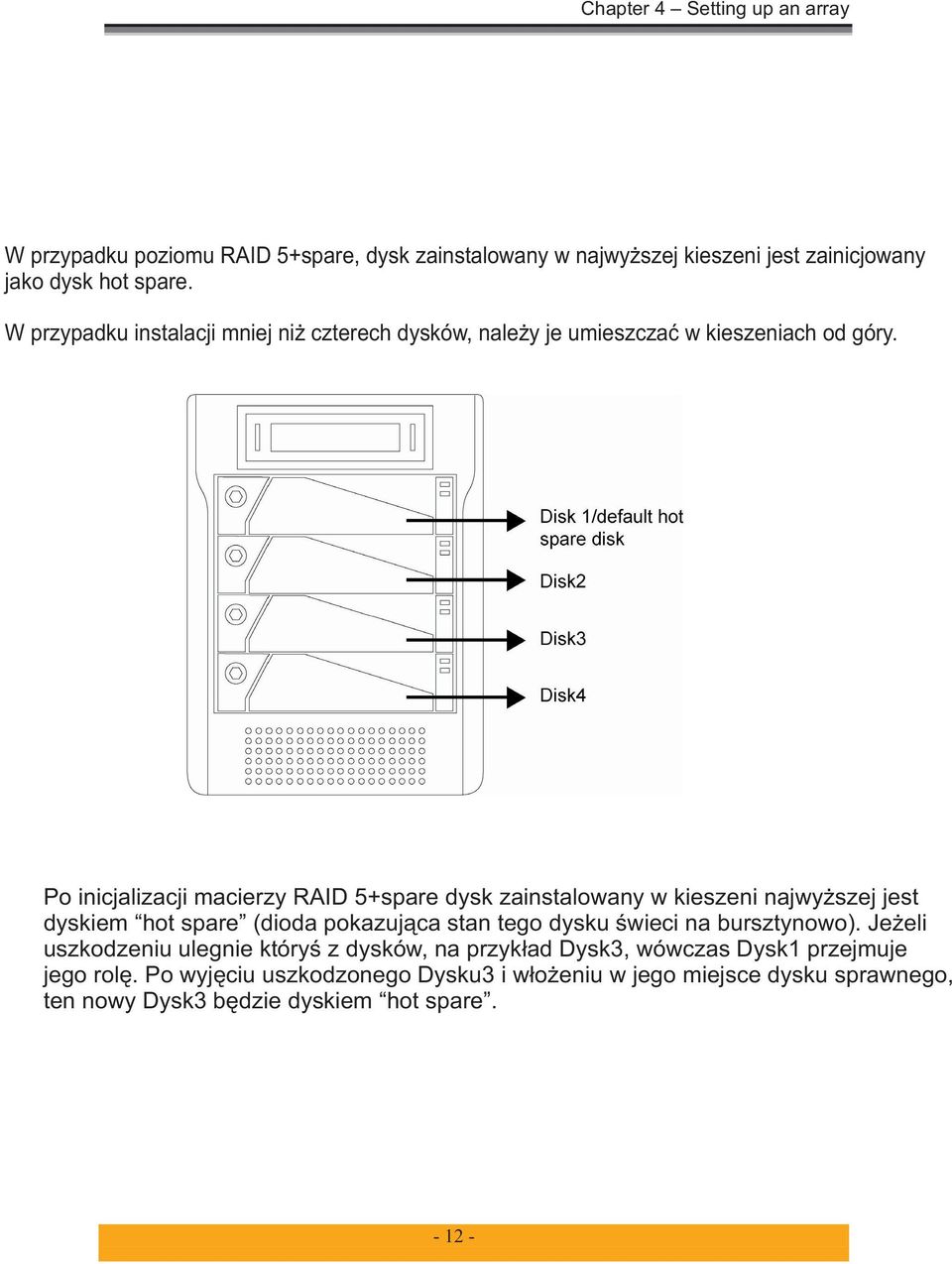 Po inicjalizacji macierzy RAID 5+spare dysk zainstalowany w kieszeni najwyższej jest dyskiem hot spare (dioda pokazująca stan tego dysku świeci na
