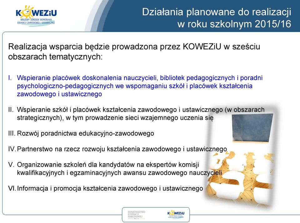 Wspieranie szkół i placówek kształcenia zawodowego i ustawicznego (w obszarach strategicznych), w tym prowadzenie sieci wzajemnego uczenia się III. Rozwój poradnictwa edukacyjno-zawodowego IV.