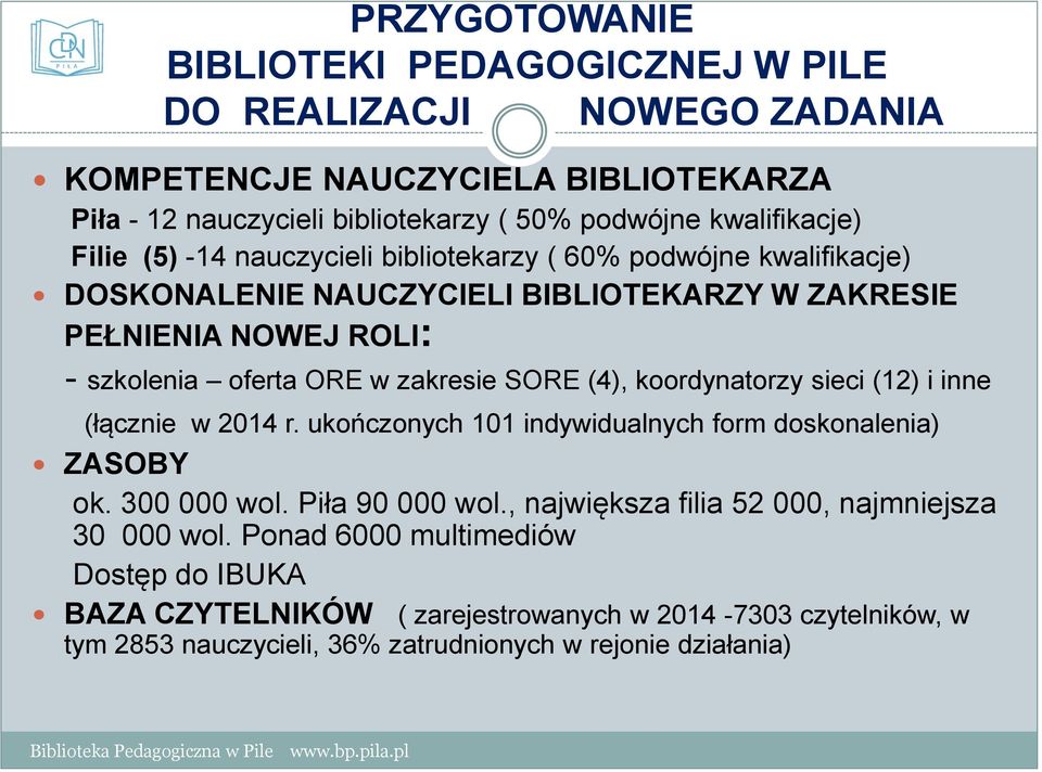 (4), koordynatorzy sieci (12) i inne (łącznie w 2014 r. ukończonych 101 indywidualnych form doskonalenia) ZASOBY ok. 300 000 wol. Piła 90 000 wol.