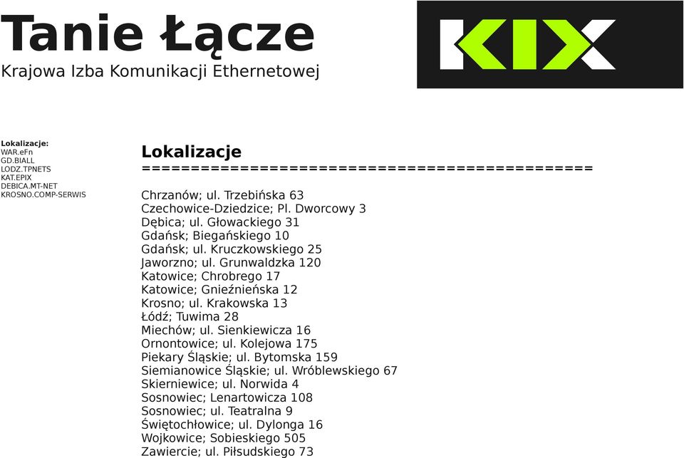 Krakowska 13 Łódź; Tuwima 28 Miechów; ul. Sienkiewicza 16 Ornontowice; ul. Kolejowa 175 Piekary Śląskie; ul. Bytomska 159 Siemianowice Śląskie; ul.