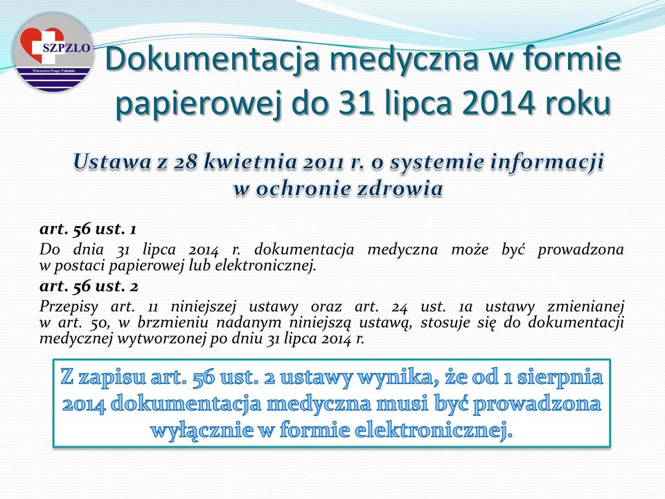 dokumentacja medyczna może być prowadzona w postaci papierowej lub elektronicznej. art. 56 ust.