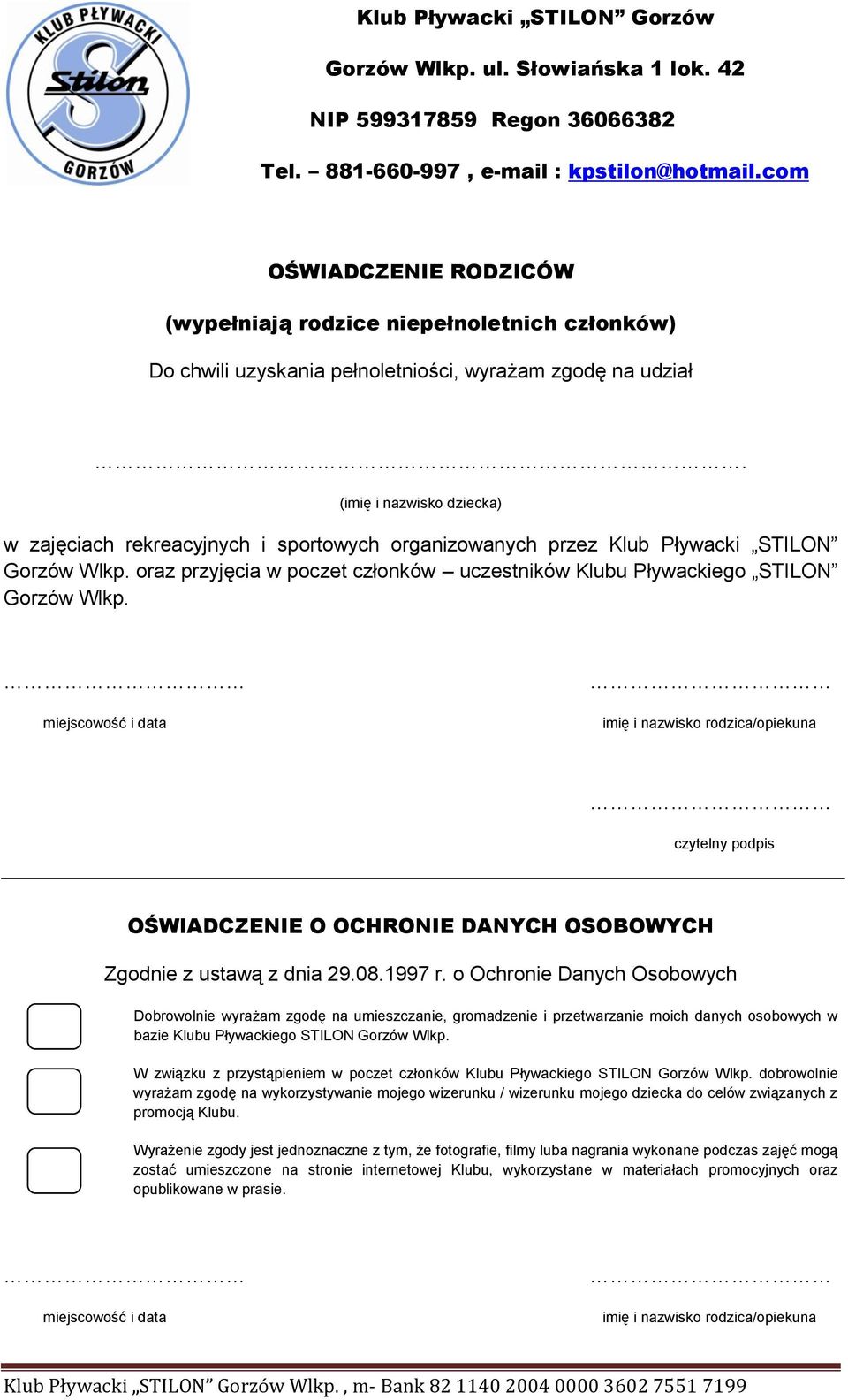 oraz przyjęcia w poczet członków uczestników Klubu Pływackiego STILON Gorzów Wlkp.
