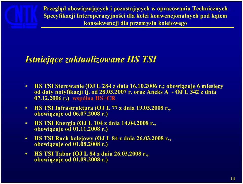 , obowiązuje od 06.07.2008 r.) HS TSI Energia (OJ L 104 z dnia 14.04.2008 r., obowiązuje od 01.11.2008 r.) HS TSI Ruch kolejowy (OJ L 84 z dnia 26.