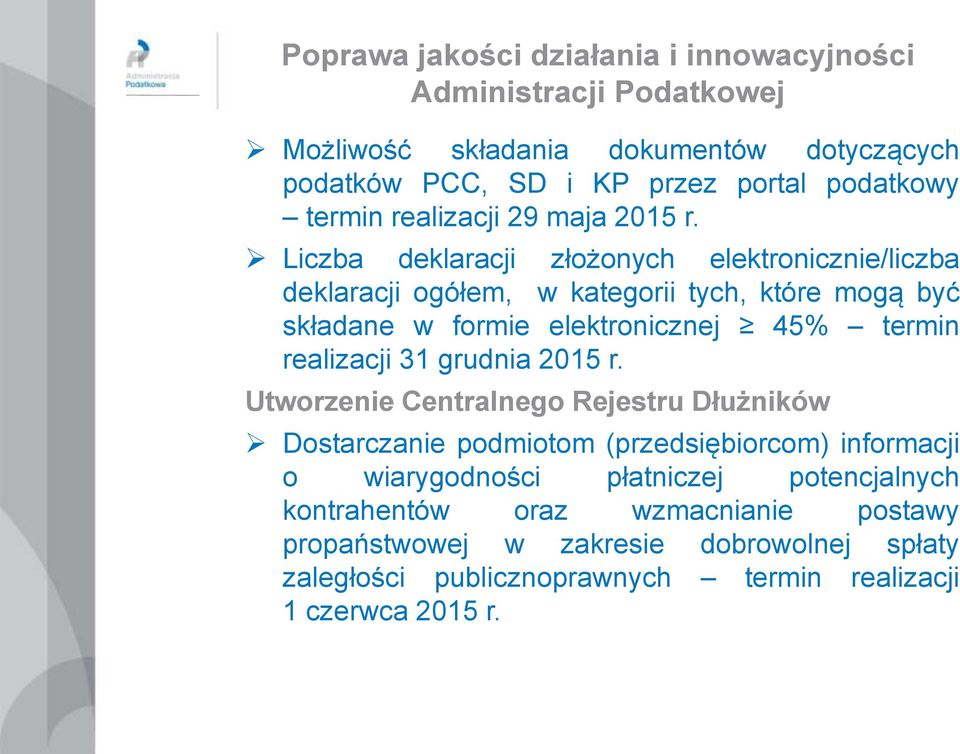 Liczba deklaracji złożonych elektronicznie/liczba deklaracji ogółem, w kategorii tych, które mogą być składane w formie elektronicznej 45% termin realizacji 31