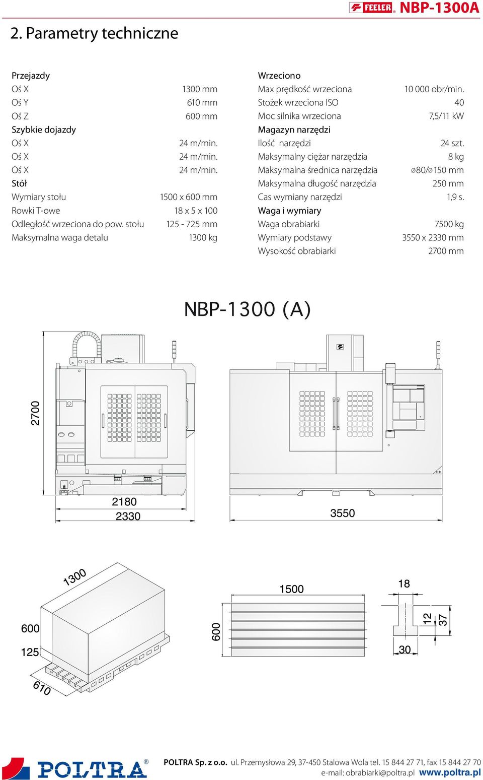 Stożek wrzeciona ISO 40 Moc silnika wrzeciona 7,5/11 kw Magazyn narzędzi Ilość narzędzi 24 szt.