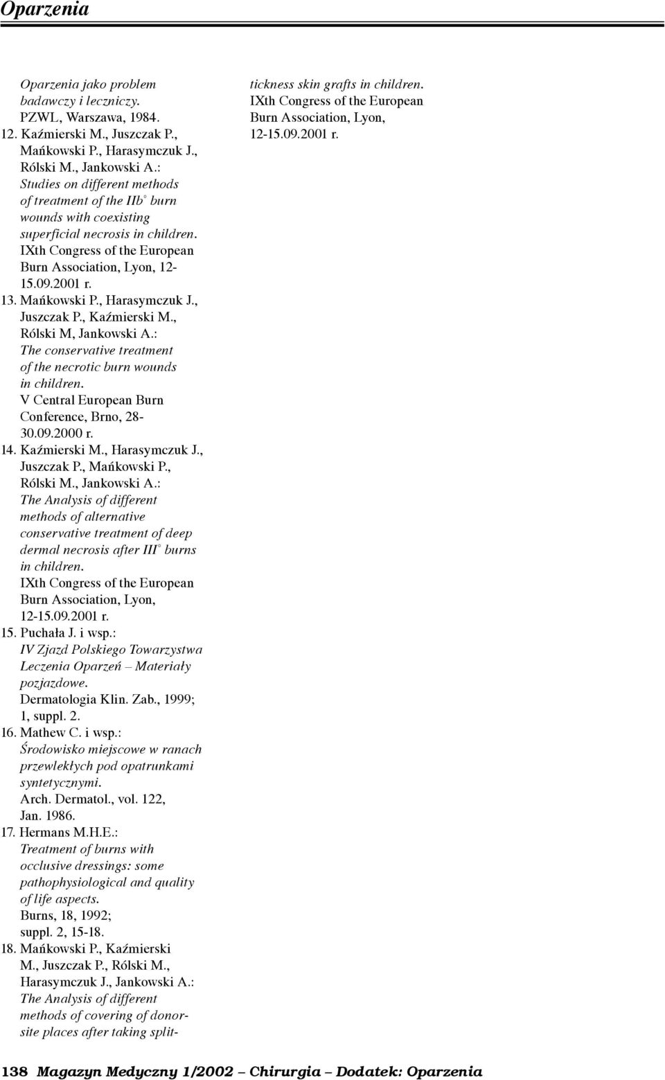 Mańkowski P., Harasymczuk J., Juszczak P., Kaźmierski M., Rólski M, Jankowski A.: The conservative treatment of the necrotic burn wounds in children. V Central European Burn Conference, Brno, 28-30.