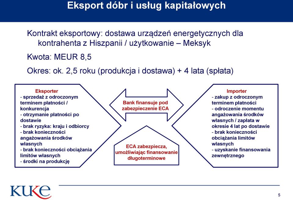 konieczności angażowania środków własnych - brak konieczności obciążania limitów własnych - środki na produkcję Bank finansuje pod zabezpieczenie ECA ECA zabezpiecza, umożliwiając finansowanie