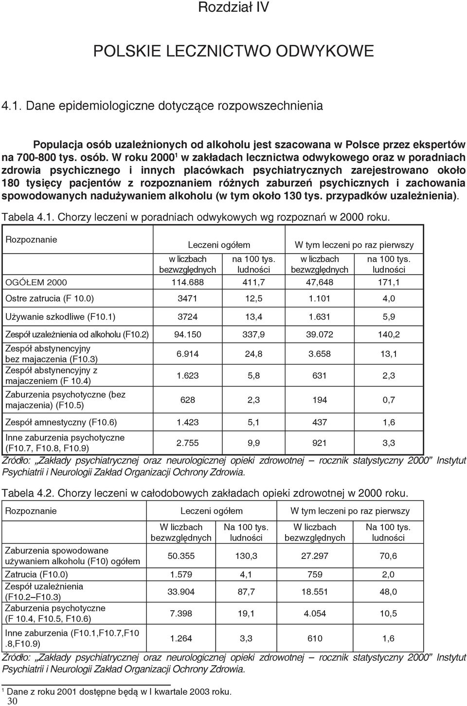 W roku 2000 1 w zakładach lecznictwa odwykowego oraz w poradniach zdrowia psychicznego i innych placówkach psychiatrycznych zarejestrowano około 180 tysięcy pacjentów z rozpoznaniem różnych zaburzeń