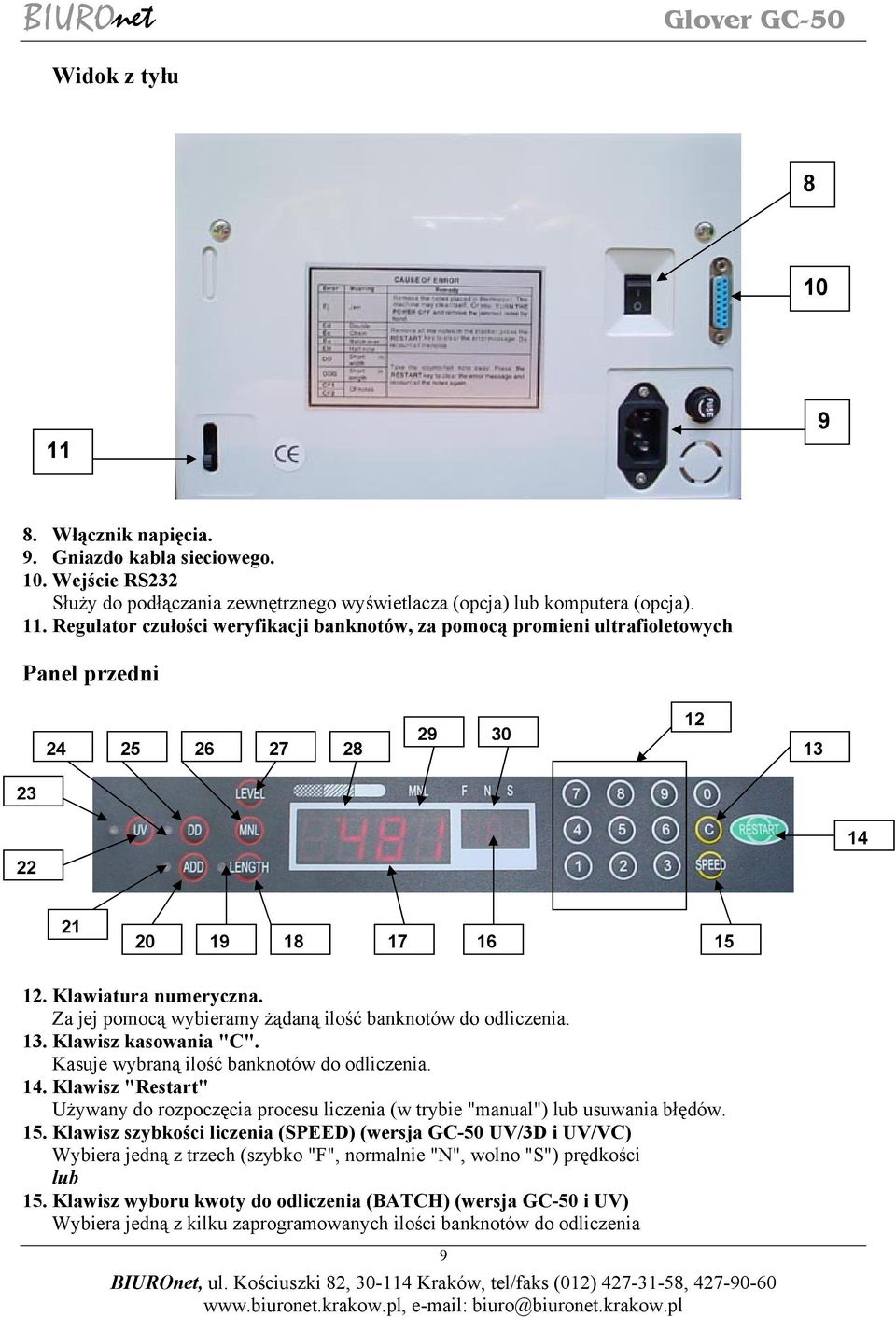 Klawisz "Restart" Używany do rozpoczęcia procesu liczenia (w trybie "manual") lub usuwania błędów. 15.