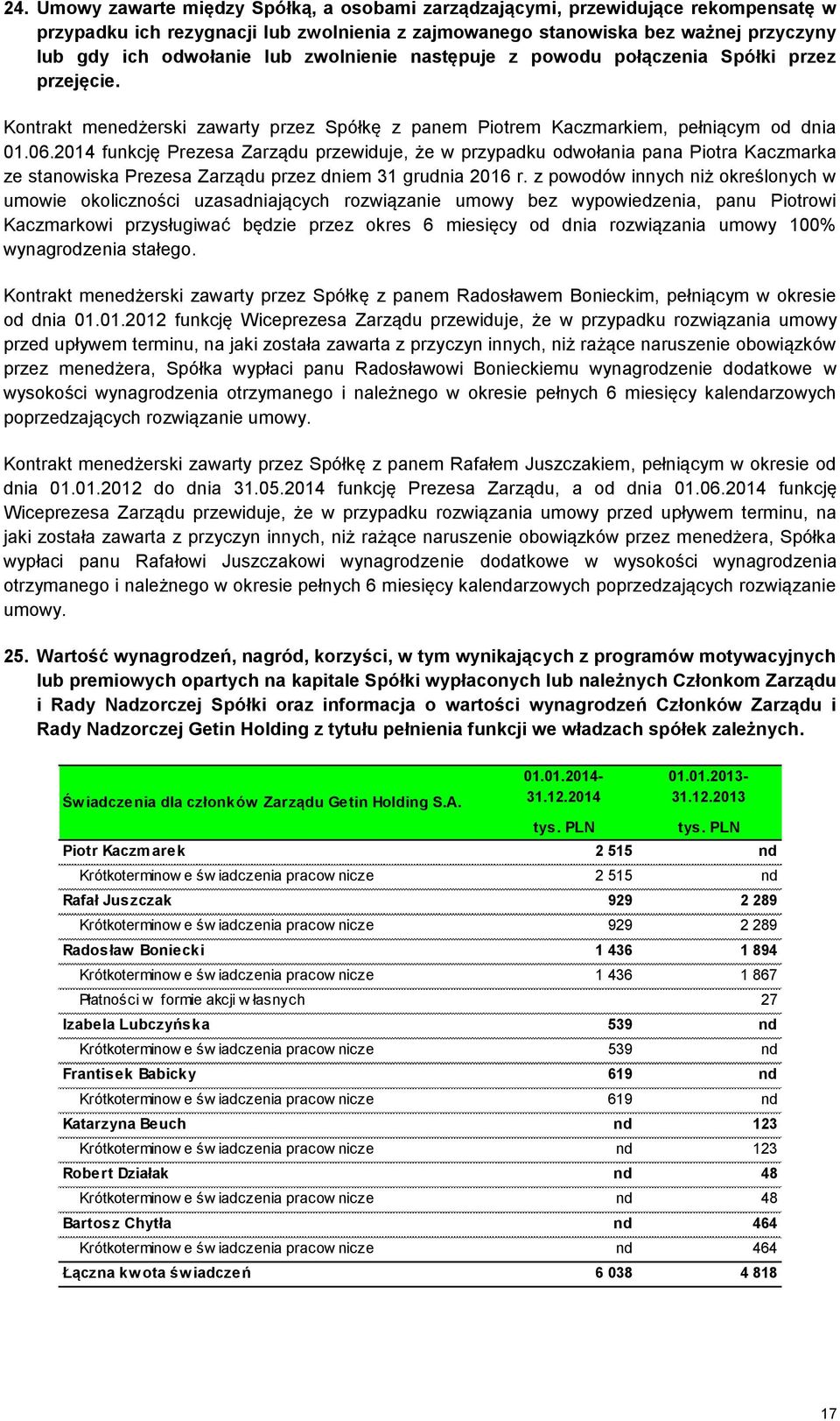 2014 funkcję Prezesa Zarządu przewiduje, że w przypadku odwołania pana Piotra Kaczmarka ze stanowiska Prezesa Zarządu przez dniem 31 grudnia 2016 r.