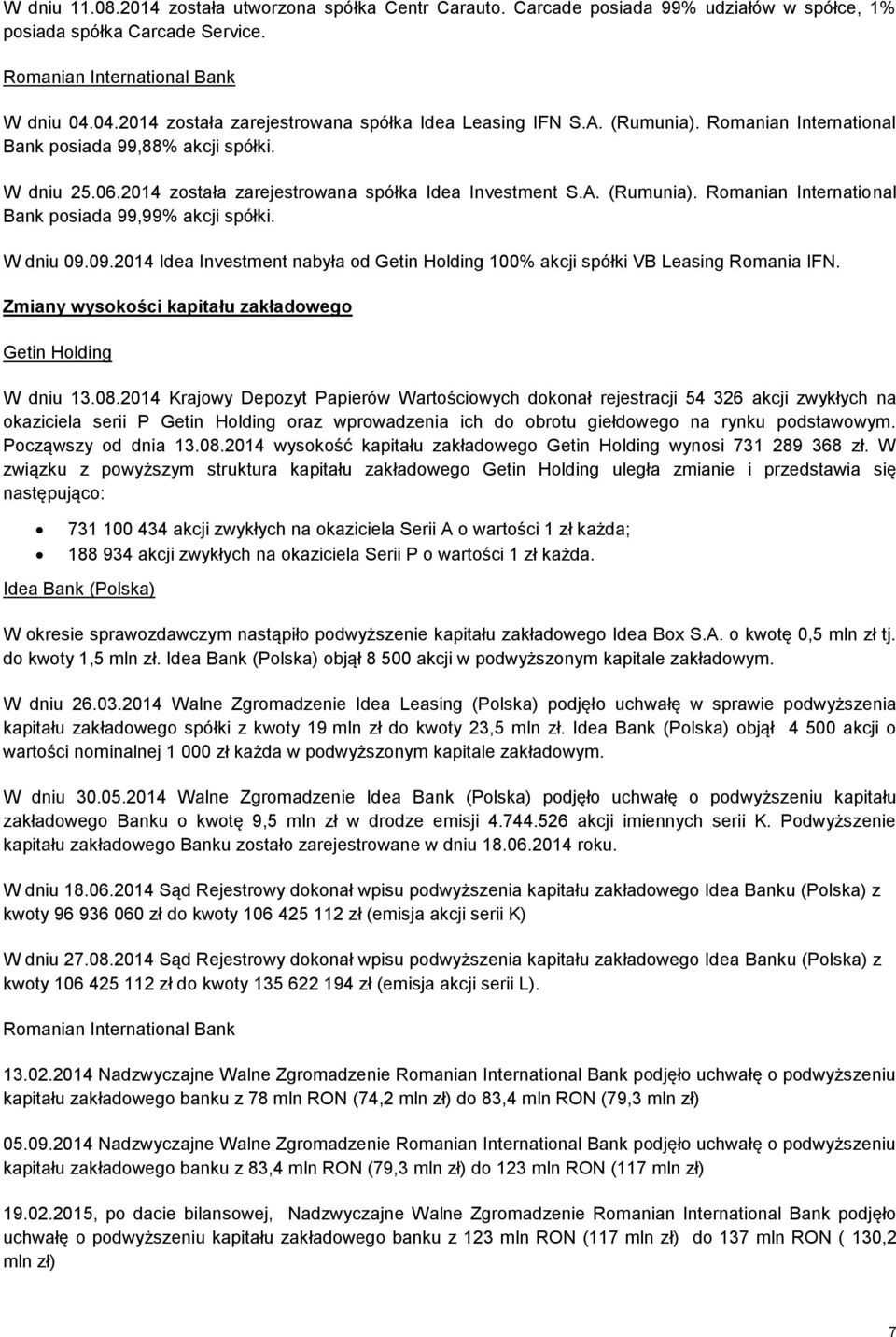 W dniu 09.09.2014 Idea Investment nabyła od Getin Holding akcji spółki VB Leasing Romania IFN. Zmiany wysokości kapitału zakładowego Getin Holding W dniu 13.08.