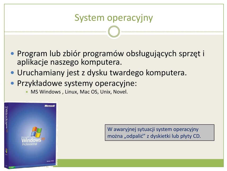 Przykładowe systemy operacyjne: MS Windows, Linux, Mac OS, Unix, Novel.