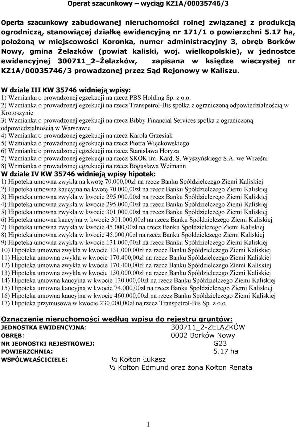 wielkopolskie), w jednostce ewidencyjnej 3711_2 Żelazków, zapisana w księdze wieczystej nr KZ1A/35746/3 prowadzonej przez Sąd Rejonowy w Kaliszu.