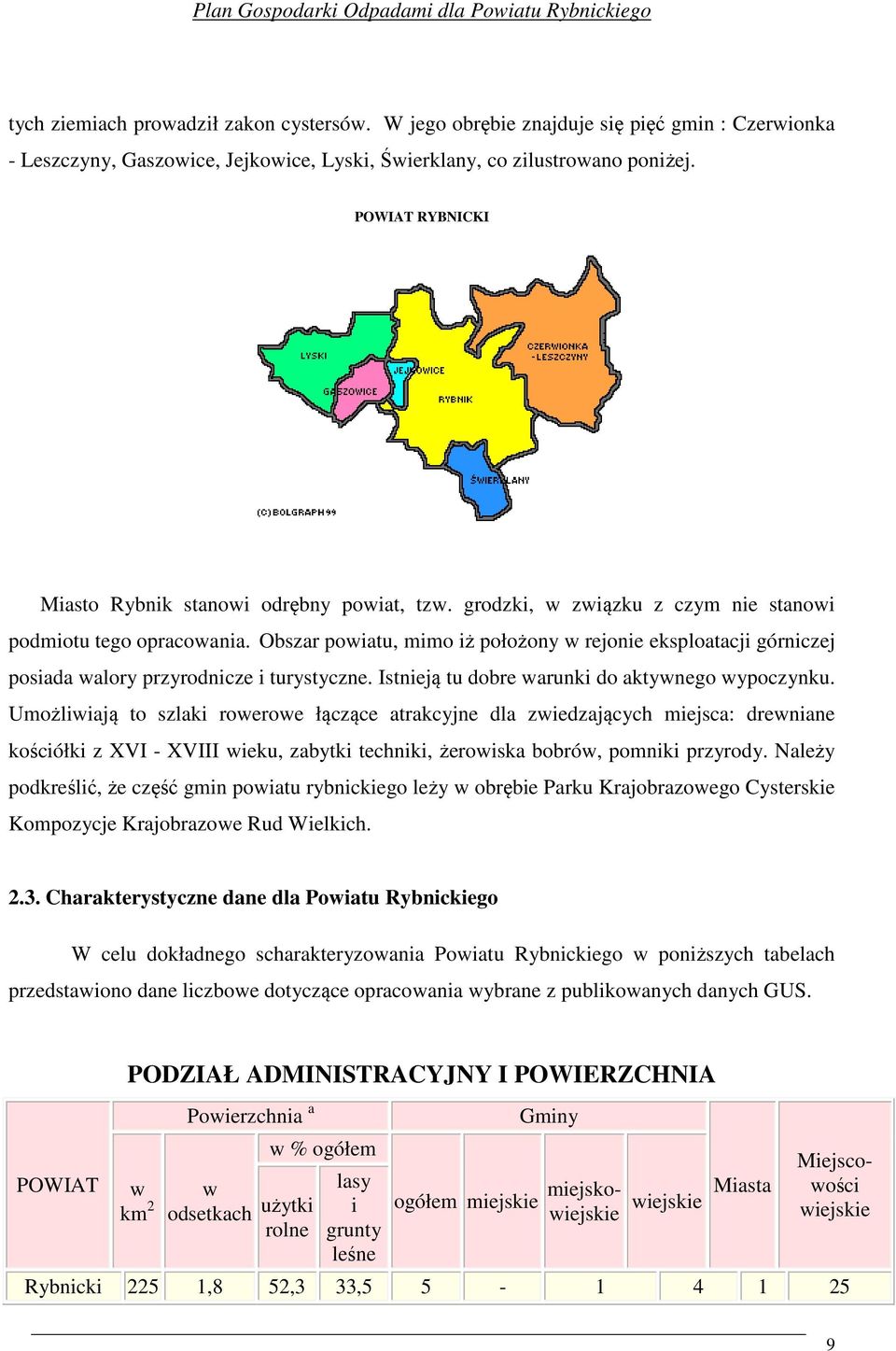 Obszar powiatu, mimo iż położony w rejonie eksploatacji górniczej posiada walory przyrodnicze i turystyczne. Istnieją tu dobre warunki do aktywnego wypoczynku.
