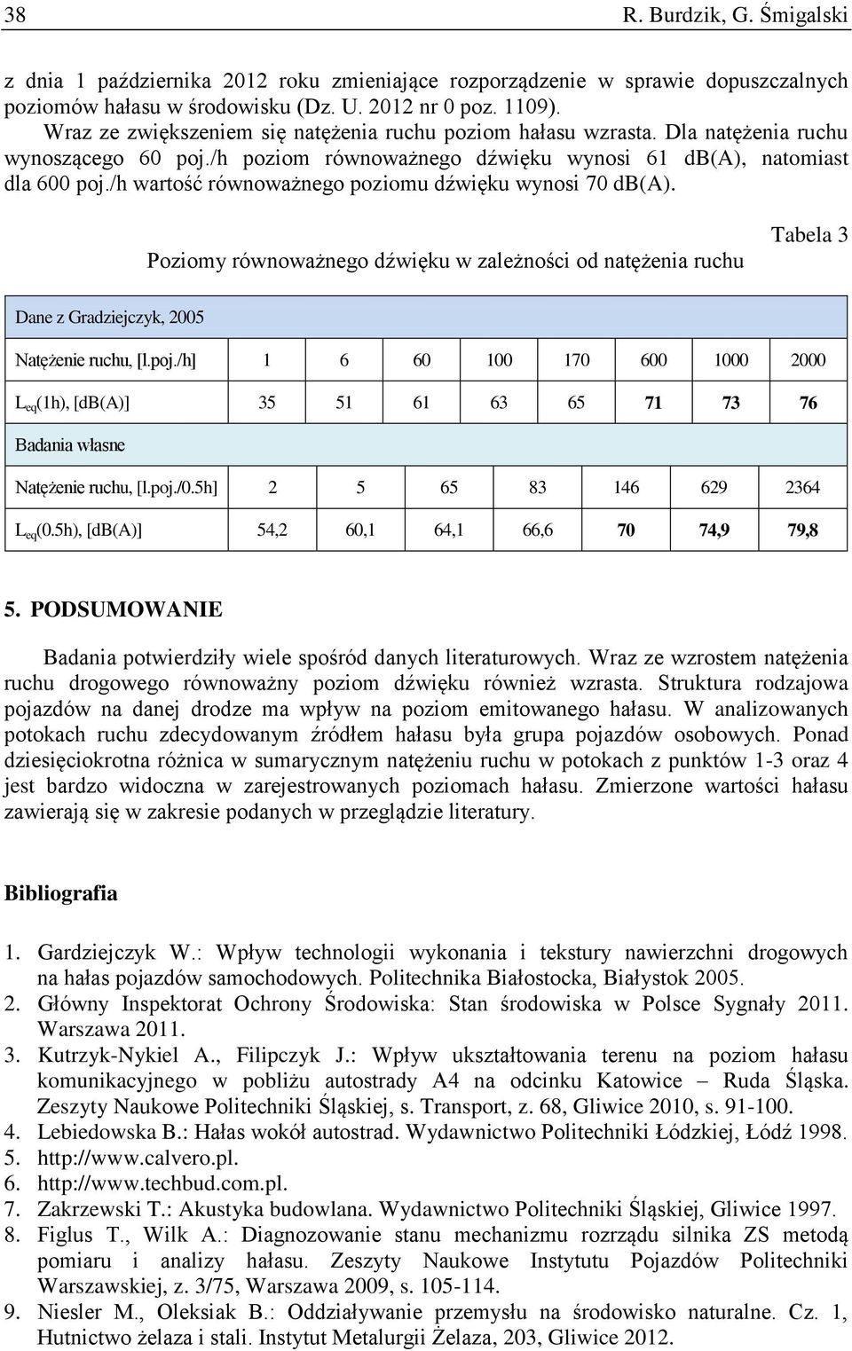 /h wartość równoważnego poziomu dźwięku wynosi 70 db(a). Poziomy równoważnego dźwięku w zależności od natężenia ruchu Tabela 3 Dane z Gradziejczyk, 2005 Natężenie ruchu, [l.poj.