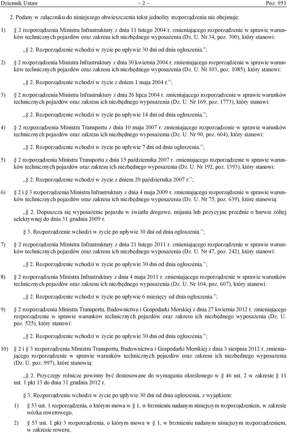 Rozporządzenie wchodzi w życie po upływie 30 dni od dnia ogłoszenia. ; 2) 2 rozporządzenia Ministra Infrastruktury z dnia 30 kwietnia 2004 r.