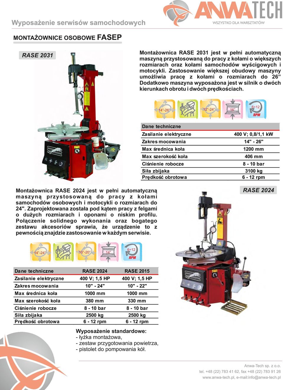 RASE 2031 14-26 12-24 16 6 12 Zasilanie elektryczne 14" - 26" Max średnica koła 1200 mm Max szerokość koła 406 mm Ciśnienie robocze Siła zbijaka Prędkość obrotowa 8-10 bar 3100 kg 6-12 rpm