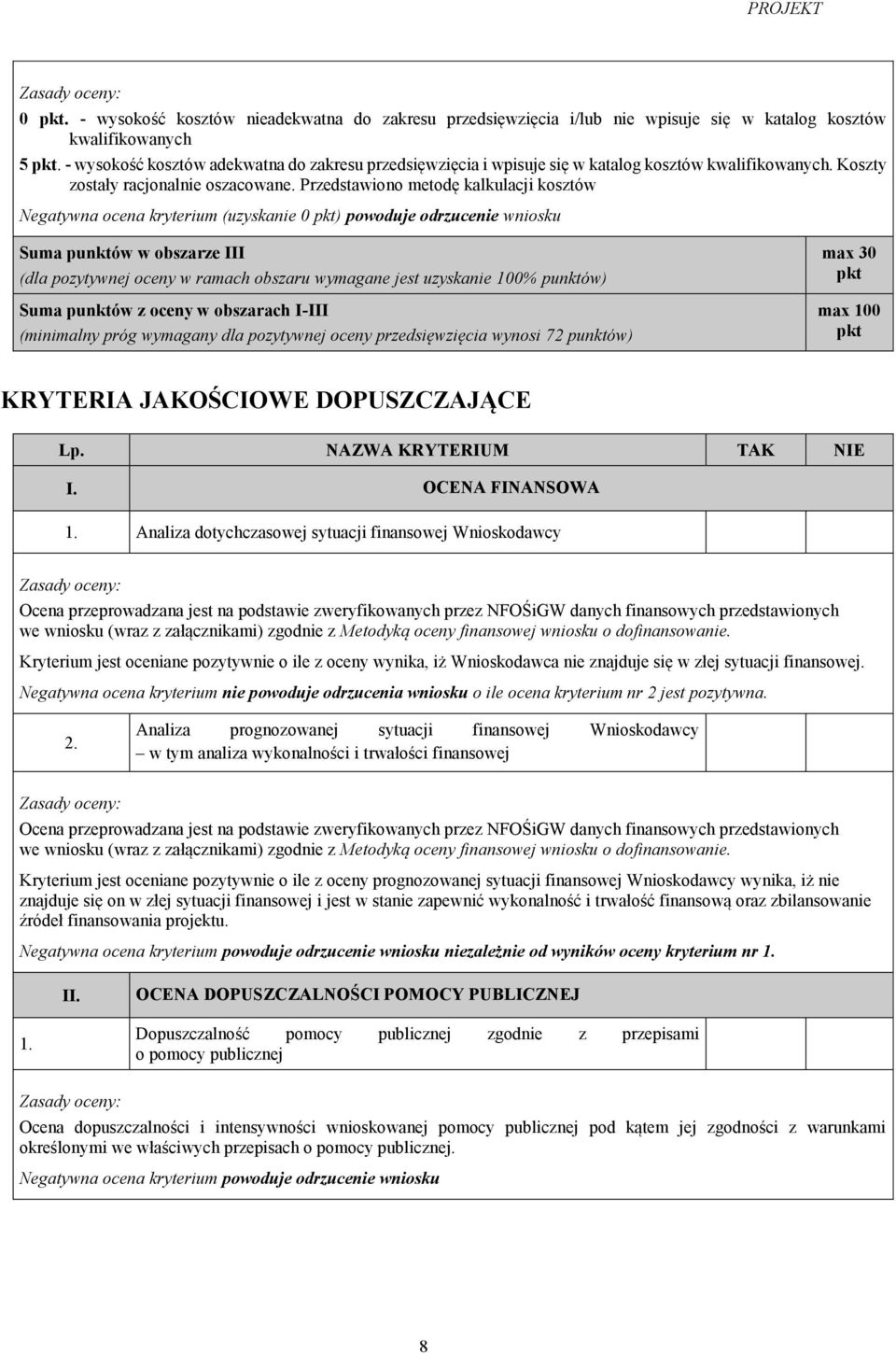 Przedstawiono metodę kalkulacji kosztów Negatywna ocena kryterium (uzyskanie ) powoduje odrzucenie wniosku Suma punktów w obszarze III (dla pozytywnej oceny w ramach obszaru wymagane jest uzyskanie