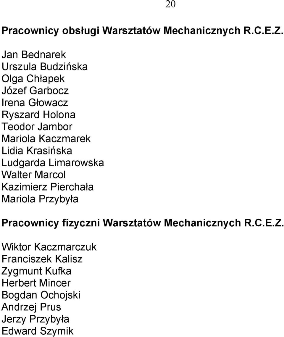 Kaczmarek Lidia Krasińska Ludgarda Limarowska Walter Marcol Kazimierz Pierchała Mariola Przybyła Pracownicy