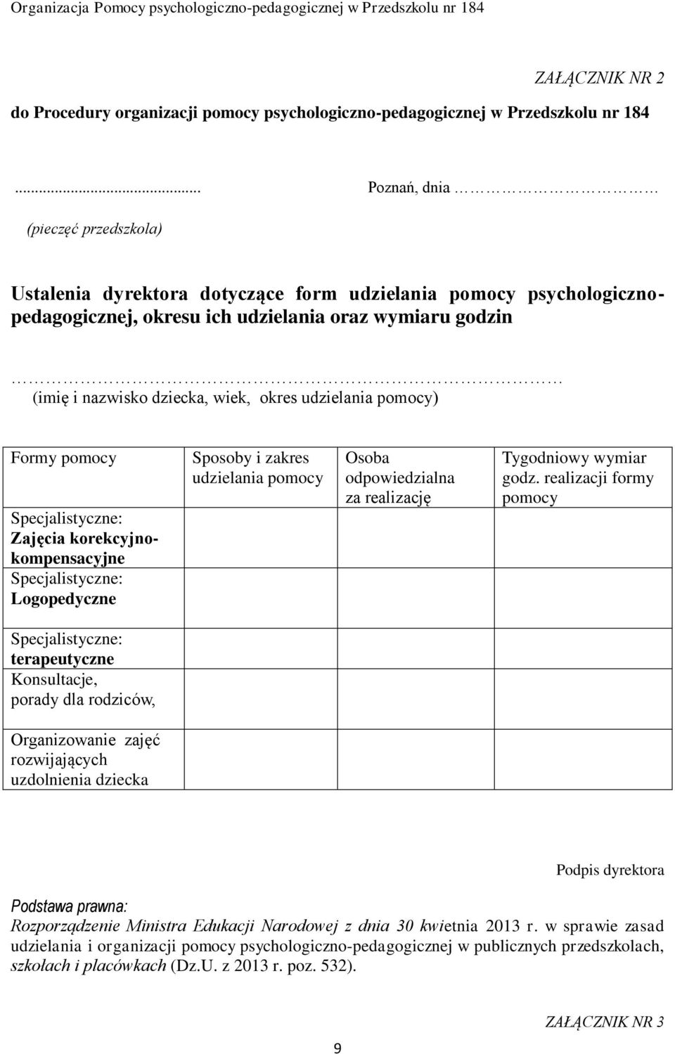 udzielania pomocy) Formy pomocy Specjalistyczne: Zajęcia korekcyjnokompensacyjne Specjalistyczne: Logopedyczne Sposoby i zakres udzielania pomocy Osoba odpowiedzialna za realizację Tygodniowy wymiar