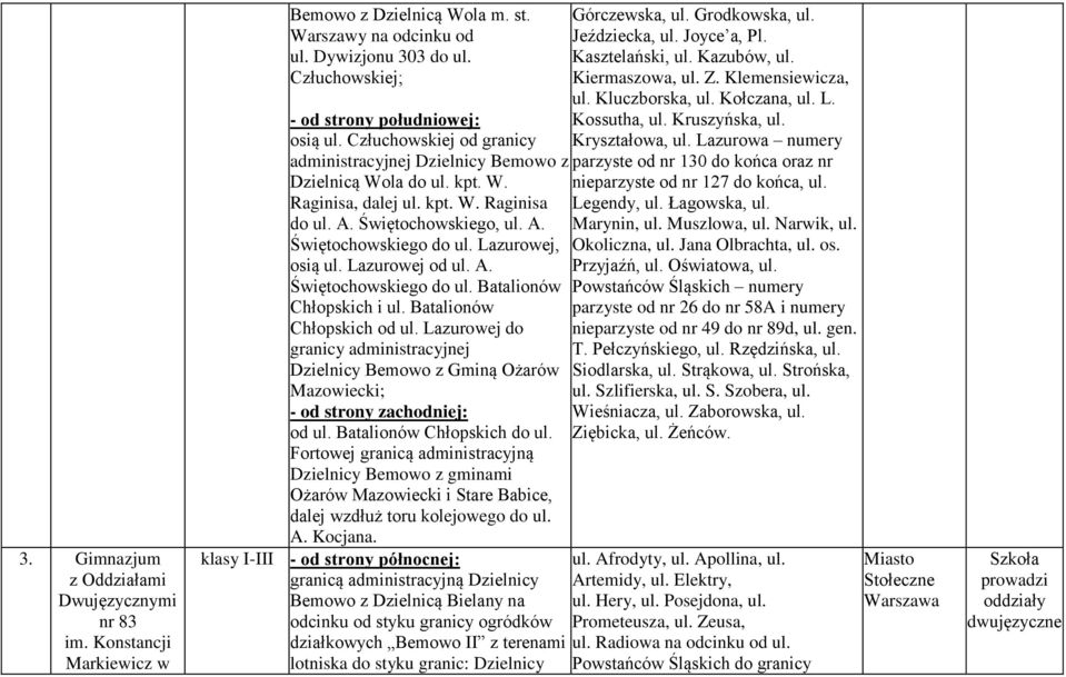 Lazurowej, osią ul. Lazurowej od ul. A. Świętochowskiego do ul. Batalionów Chłopskich i ul. Batalionów Chłopskich od ul.