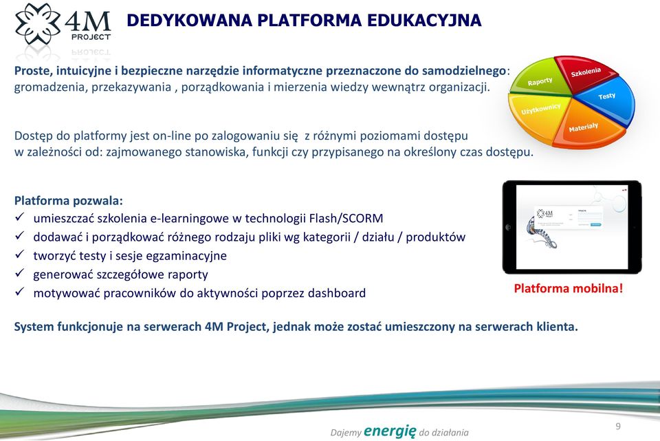 Platforma pozwala: umieszczać szkolenia e-learningowe w technologii Flash/SCORM dodawać i porządkować różnego rodzaju pliki wg kategorii / działu / produktów tworzyć testy i sesje