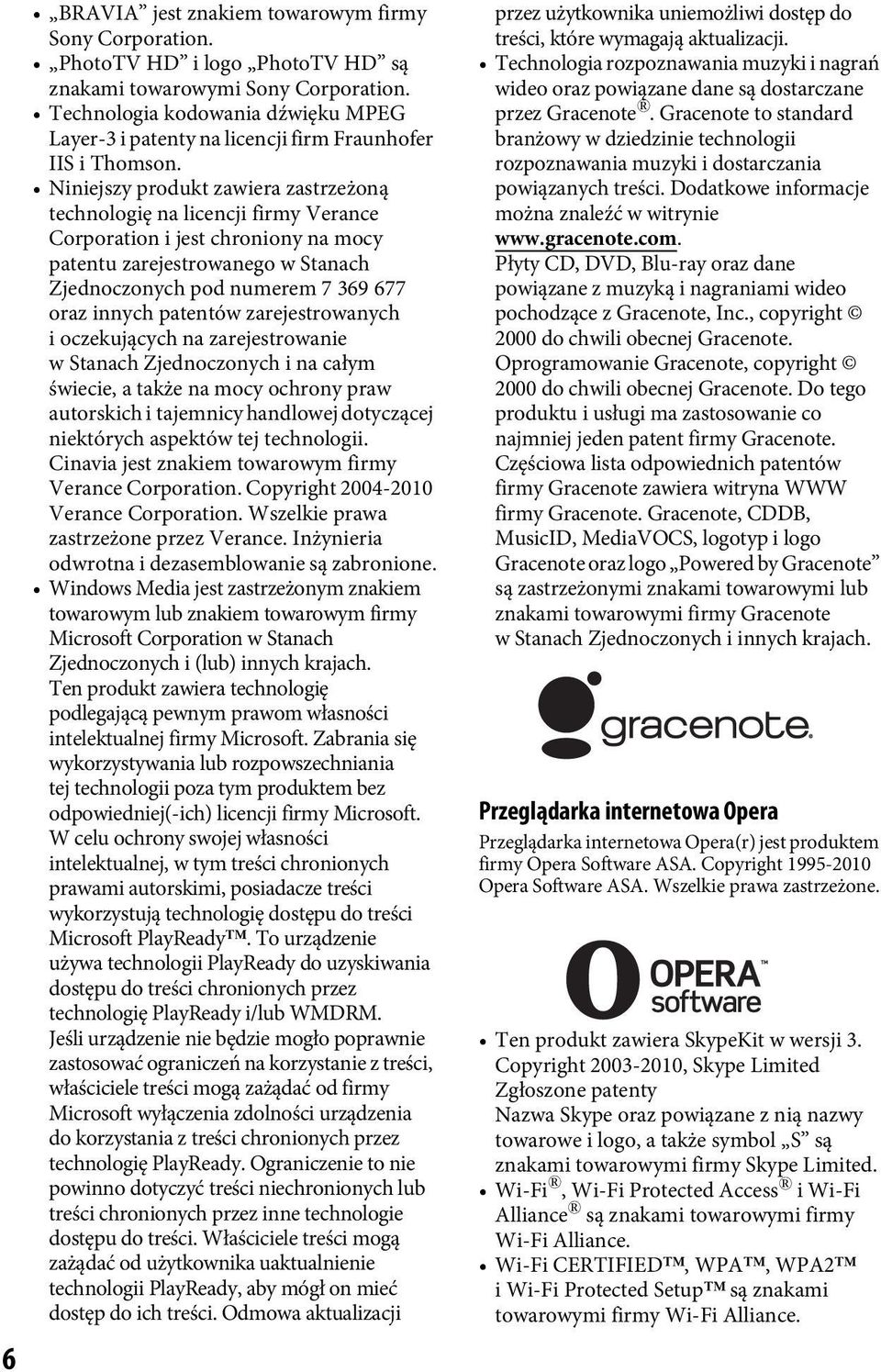 Niniejszy produkt zawiera zastrzeżoną technologię na licencji firmy Verance Corporation i jest chroniony na mocy patentu zarejestrowanego w Stanach Zjednoczonych pod numerem 7 369 677 oraz innych