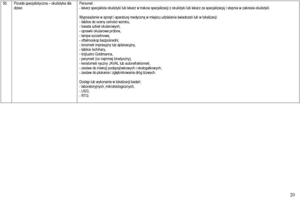 - tablice do oceny ostrości wzroku, - kaseta szkieł okularowych, - oprawki okularowe próbne, - lampa szczelinowa, - oftalmoskop bezpośredni, - tonometr