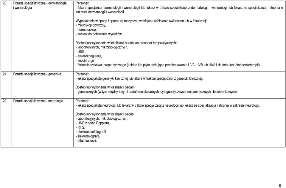 Dostęp lub wykonanie w lokalizacji badań lub procedur terapeutycznych: - elektrokoagulacji, - kriochirurgii, - światłolecznictwa terapeutycznego (kabina lub płyta emitująca promieniowanie UVA, UVB