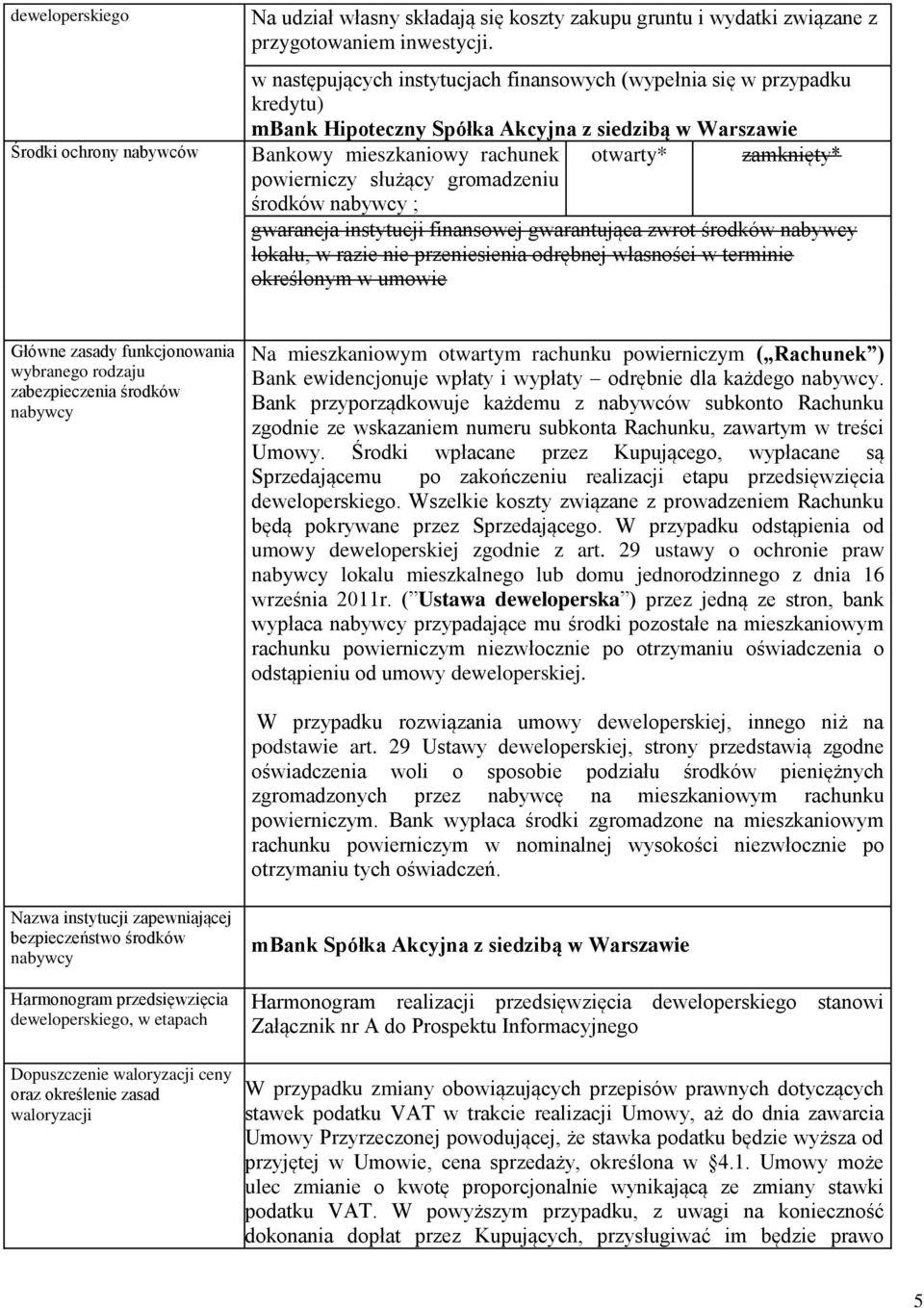 służący gromadzeniu środków nabywcy ; gwarancja instytucji finansowej gwarantująca zwrot środków nabywcy lokalu, w razie nie przeniesienia odrębnej własności w terminie określonym w umowie Główne