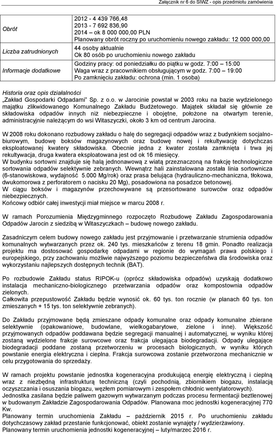 7:00 19:00 Po zamknięciu zakładu: ochrona (min. 1 osoba) Historia oraz opis działalności Zakład Gospodarki Odpadami Sp. z o.o. w Jarocinie powstał w 2003 roku na bazie wydzielonego majątku zlikwidowanego Komunalnego Zakładu Budżetowego.