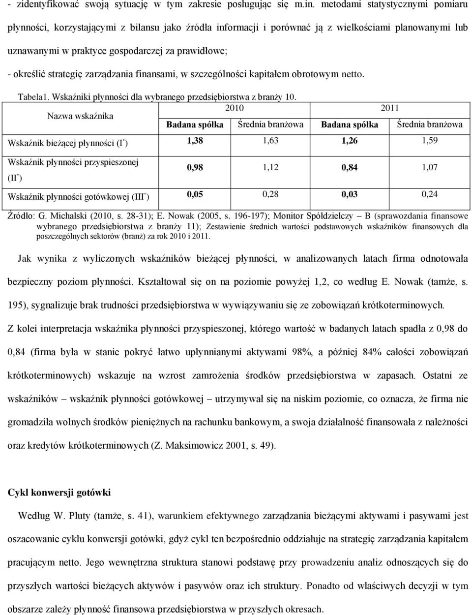 strategię zarządzania finansami, w szczególności kapitałem obrotowym netto. Tabela1. Wskaźniki płynności dla wybranego przedsiębiorstwa z branży 10.