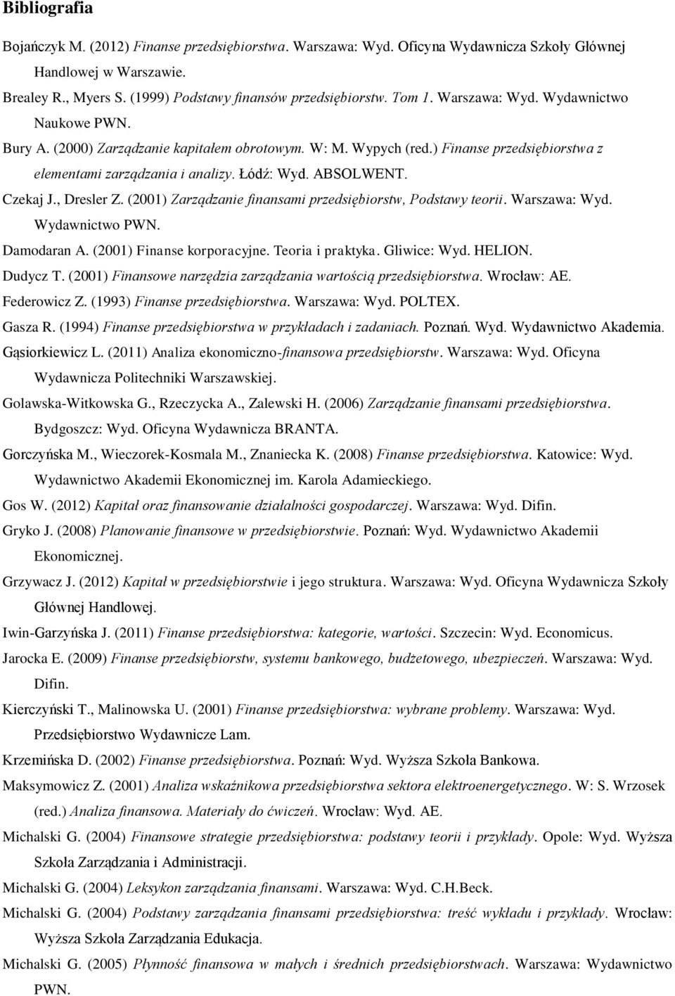 , Dresler Z. (2001) Zarządzanie finansami przedsiębiorstw, Podstawy teorii. Warszawa: Wyd. Wydawnictwo PWN. Damodaran A. (2001) Finanse korporacyjne. Teoria i praktyka. Gliwice: Wyd. HELION. Dudycz T.