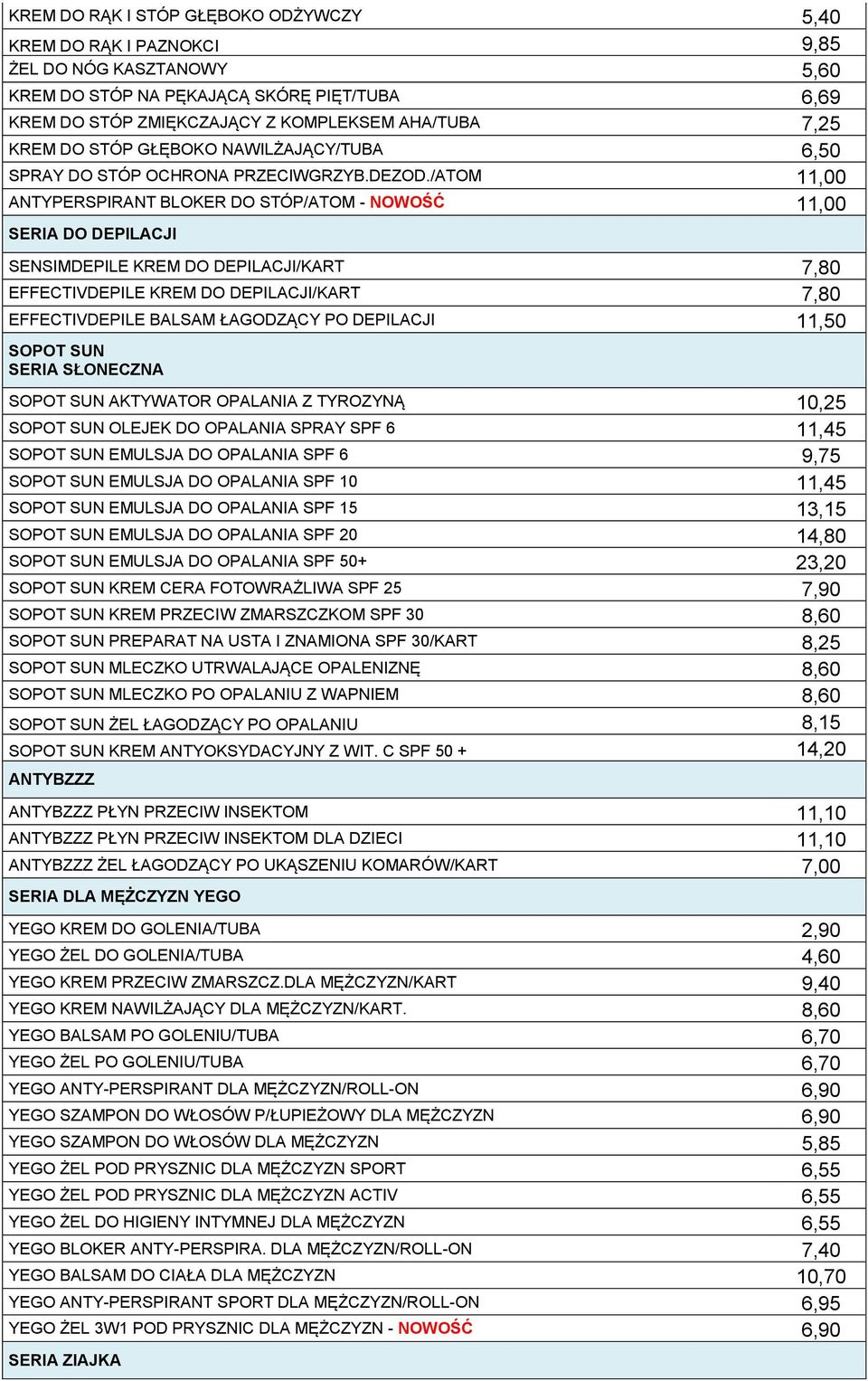 /ATOM 11,00 ANTYPERSPIRANT BLOKER DO STÓP/ATOM - NOWOŚĆ 11,00 SERIA DO DEPILACJI SENSIMDEPILE KREM DO DEPILACJI/KART 7,80 EFFECTIVDEPILE KREM DO DEPILACJI/KART 7,80 EFFECTIVDEPILE BALSAM ŁAGODZĄCY PO