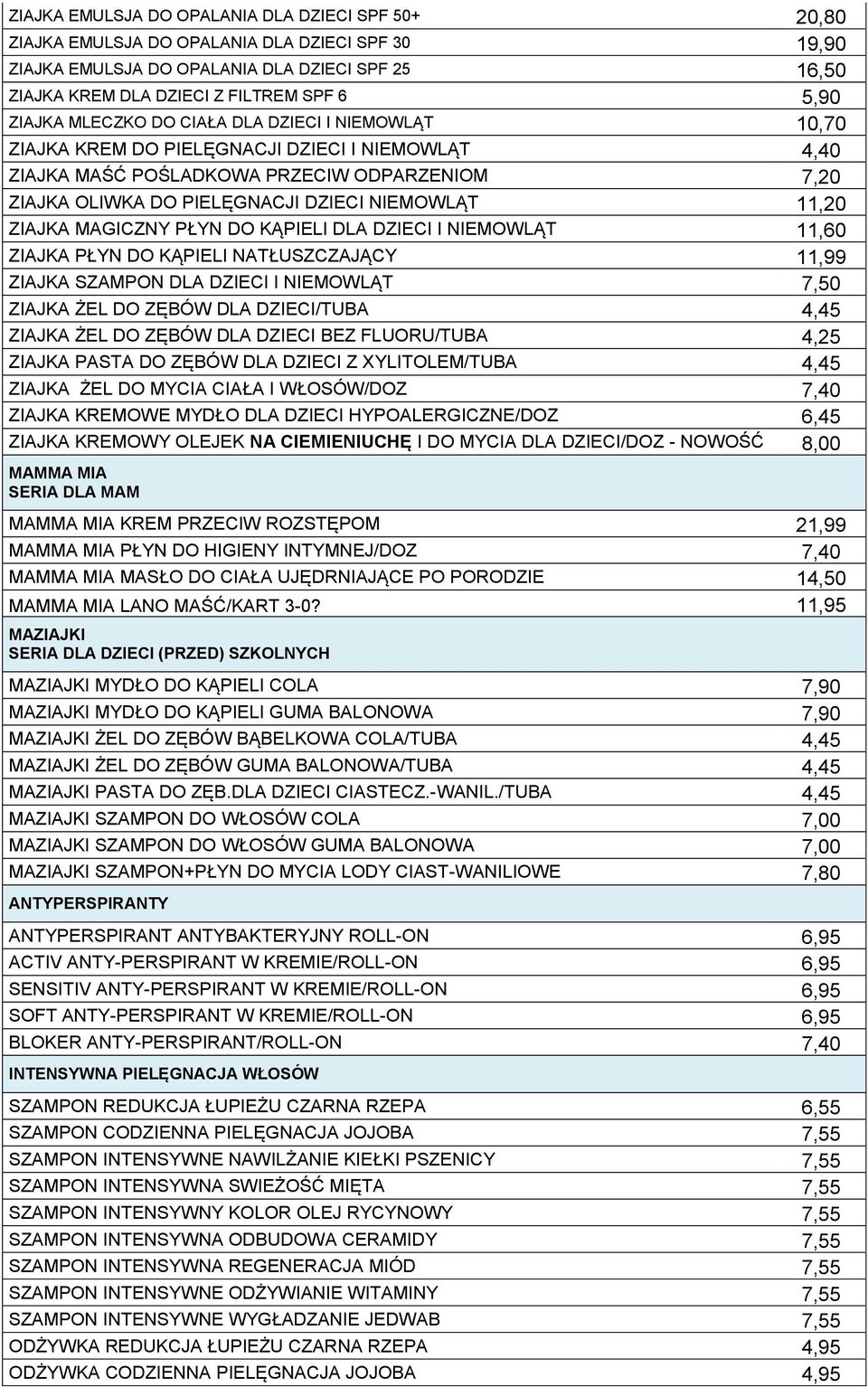 11,20 ZIAJKA MAGICZNY PŁYN DO KĄPIELI DLA DZIECI I NIEMOWLĄT 11,60 ZIAJKA PŁYN DO KĄPIELI NATŁUSZCZAJĄCY 11,99 ZIAJKA SZAMPON DLA DZIECI I NIEMOWLĄT 7,50 ZIAJKA ŻEL DO ZĘBÓW DLA DZIECI/TUBA 4,45