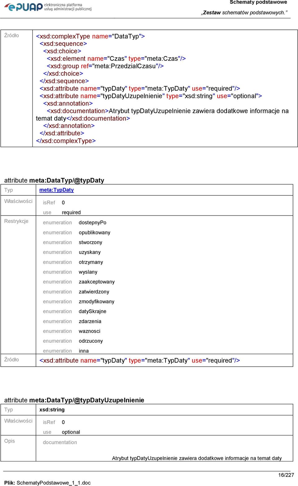 </xsd:complexe> attribute meta:data/@typdaty meta:daty Właściwości isref 0 use required Restrykcje dostepnypo opublikowany stworzony uzyskany otrzymany wyslany zaakceptowany zatwierdzony