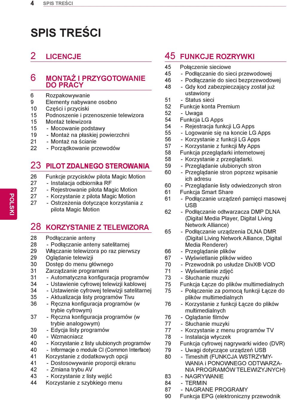 odbiornika RF 27 - Rejestrowanie pilota Magic Motion 27 - Korzystanie z pilota Magic Motion 27 - Ostrzeżenia dotyczące korzystania z pilota Magic Motion 28 KORZYSTANIE Z TELEWIZORA 28 Podłączanie