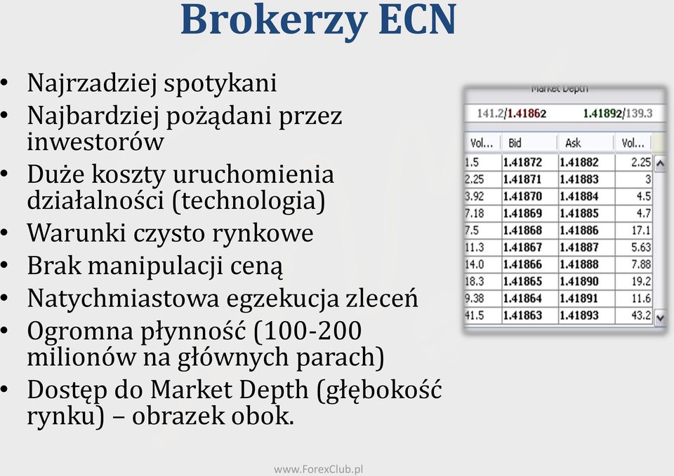 manipulacji ceną Natychmiastowa egzekucja zleceń Ogromna płynność (100-200