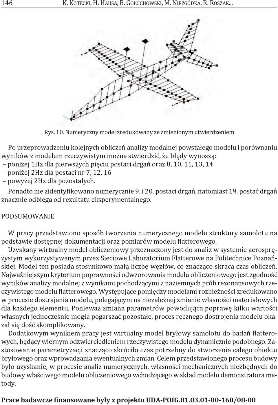 błędy wynoszą: poniżej 1Hz dla pierwszych pięciu postaci drgań oraz 8, 10, 11, 13, 14 poniżej 2Hz dla postaci nr 7, 12, 16 powyżej 2Hz dla pozostałych. ponadto nie zidentyfikowano numerycznie 9. i 20.