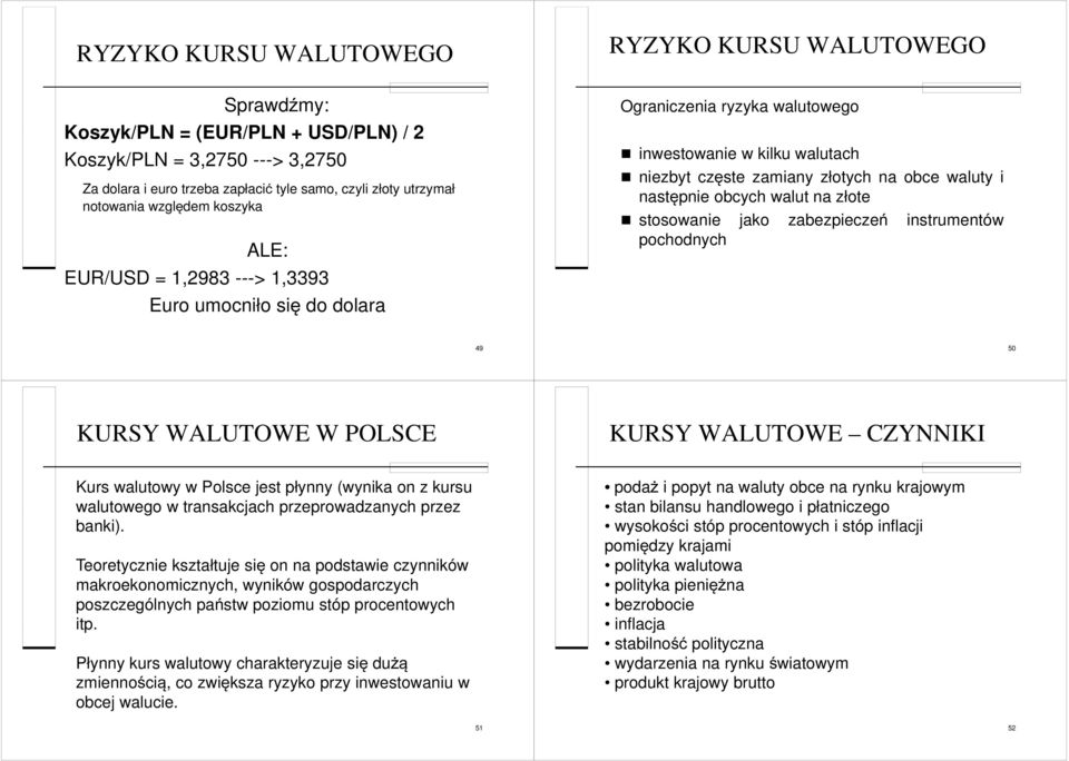 następnie obcych walut na złote stosowanie jako zabezpieczeń instrumentów pochodnych 49 50 KURSY WALUTOWE W POLSCE KURSY WALUTOWE CZYNNIKI Kurs walutowy w Polsce jest płynny (wynika on z kursu