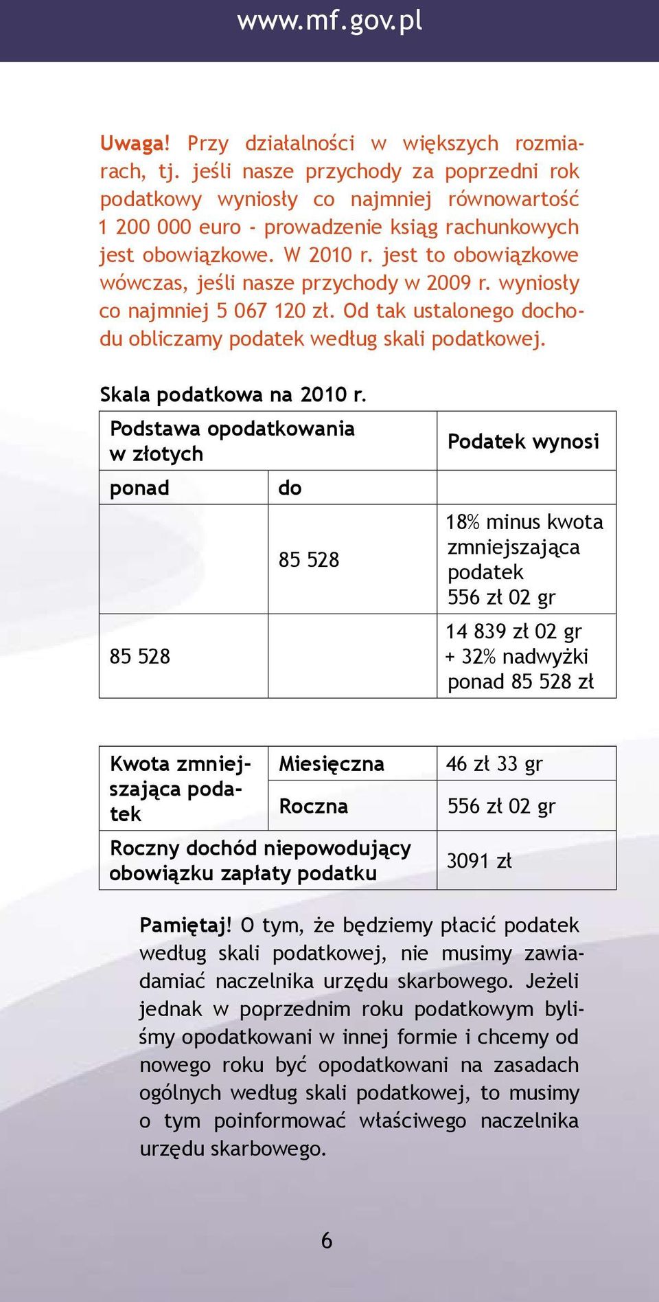 jest to obowiązkowe wówczas, jeśli nasze przychody w 2009 r. wyniosły co najmniej 5 067 120 zł. Od tak ustalonego dochodu obliczamy podatek według skali podatkowej. Skala podatkowa na 2010 r.