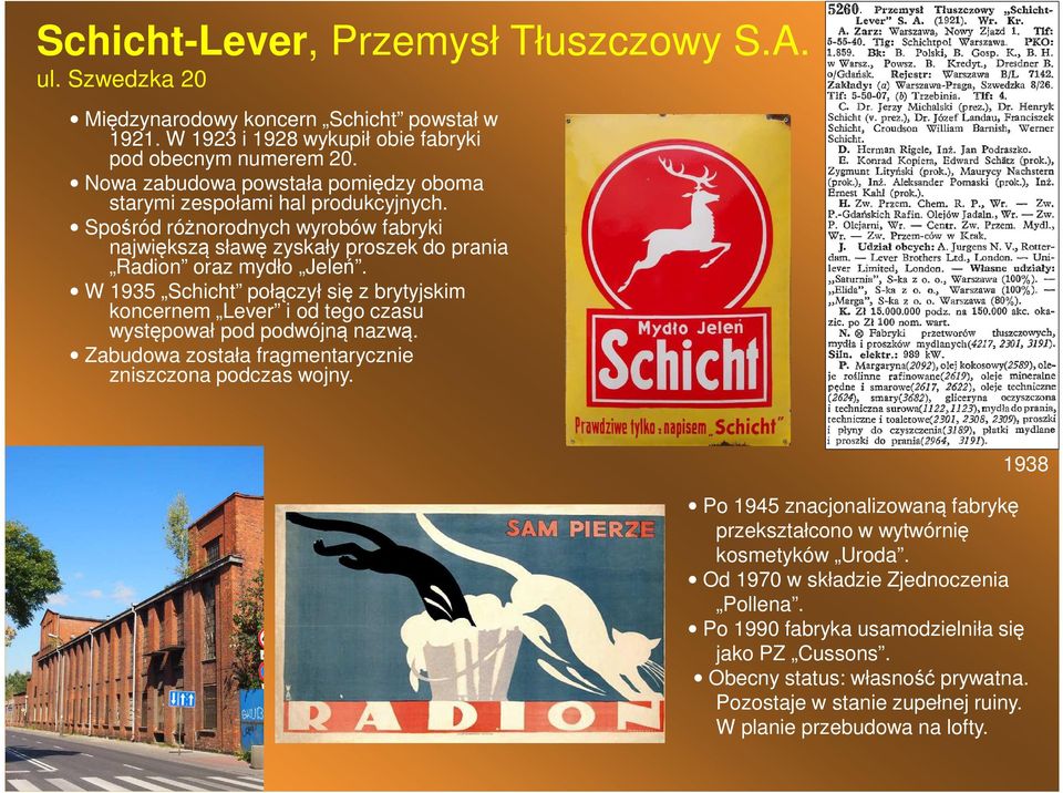 W 1935 Schicht połączył się z brytyjskim koncernem Lever i od tego czasu występował pod podwójną nazwą. Zabudowa została fragmentarycznie zniszczona podczas wojny.