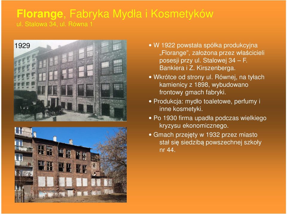 Bankiera i Z. Kirszenberga. Wkrótce od strony ul. Równej, na tyłach kamienicy z 1898, wybudowano frontowy gmach fabryki.